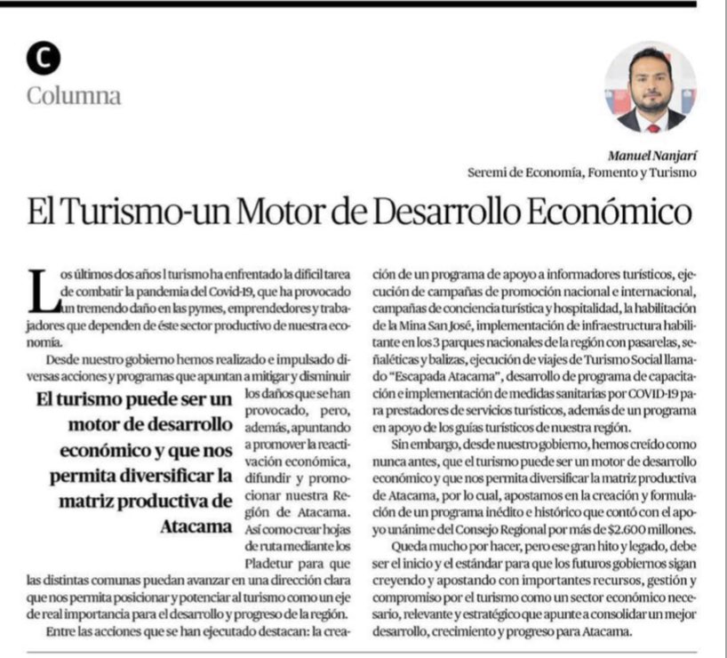 🟢 Amigos y amigas‼️

Quedan invitados e invitadas a leer columna de nuestro Seremi <a href="/Manu_Nanjari/">Manu Nanjarí</a> publicada en <a href="/diarioatacama/">Diario Atacama</a> llamada “El Turismo - Un motor de desarrollo económico”