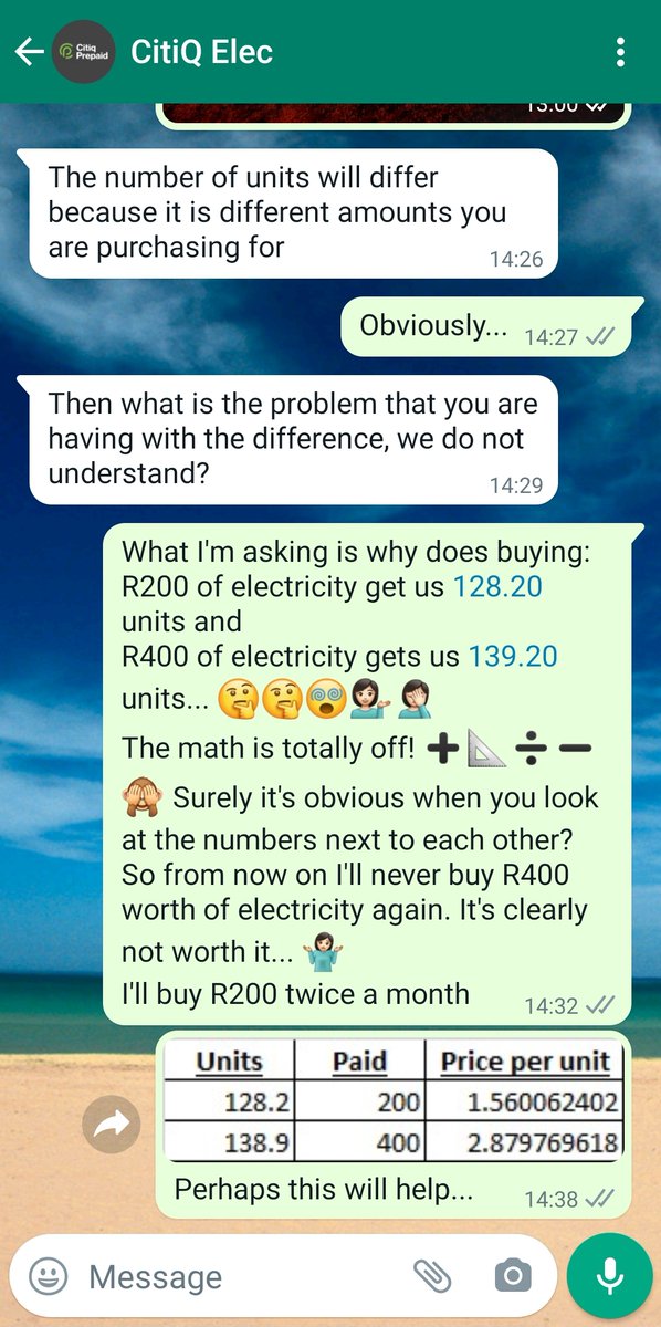 janicep0's tweet photo. Dear @citiqprepaid. Perhaps you can explain why your #electricity #price suddenly doubled. Your WhatsApp #helpdesk wasn't very helpful as you can see... #complaint #service #ifeelrobbed https://t.co/FM4Li6wulS