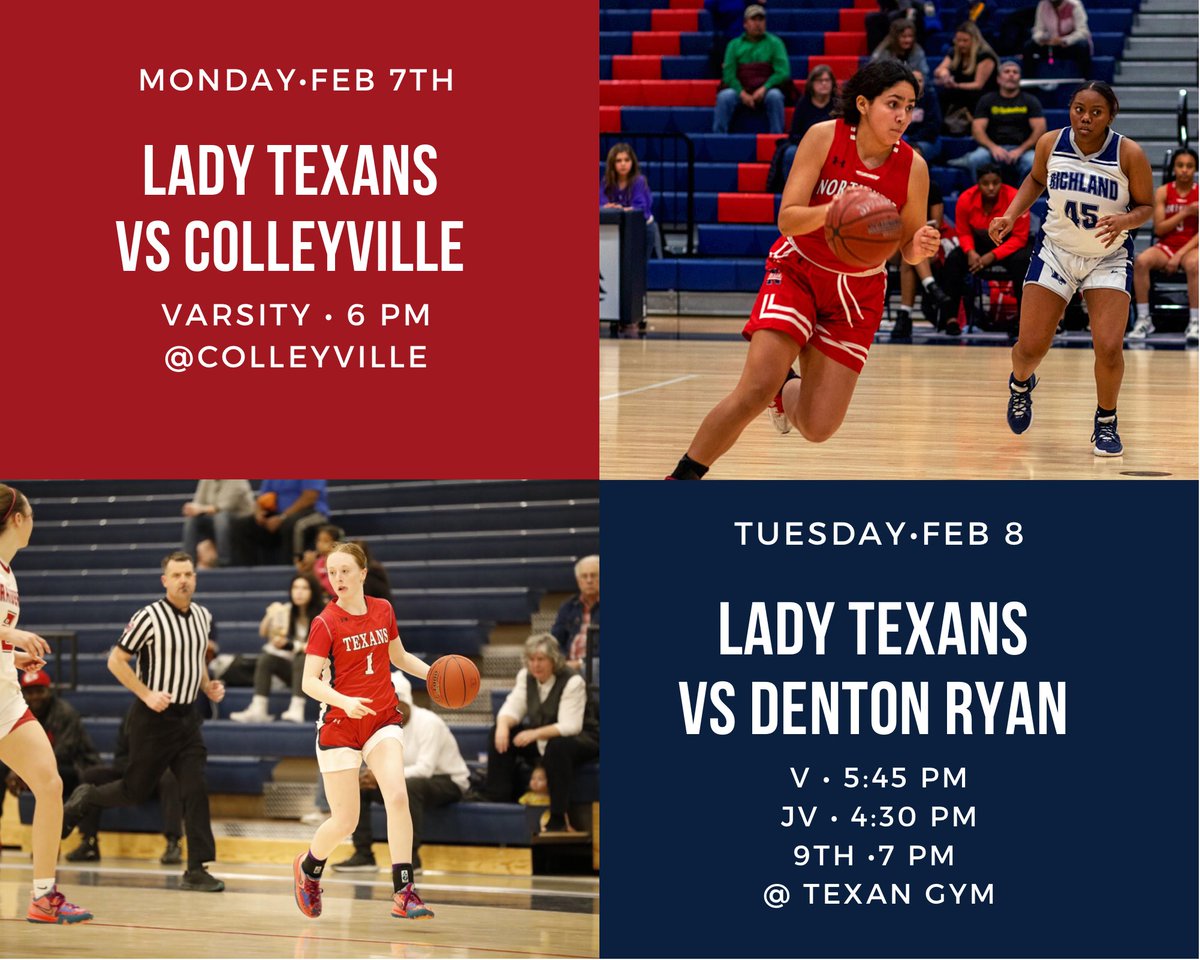 🎉🏀🤠🎉LADY TEXAN NATION🎉🏀🤠🎉
We have a HUGE WEEK as we enter the last week of district play! 
COME EARLY, STAY LATE, BE LOUD
Tonight: Varsity @ Colleyville 6 pm
Tuesday: HOME GAME vs Denton Ryan
Varsity • 5:45 pm
JV • 4:30 pm
9th • 7 pm
📍Texan Gym