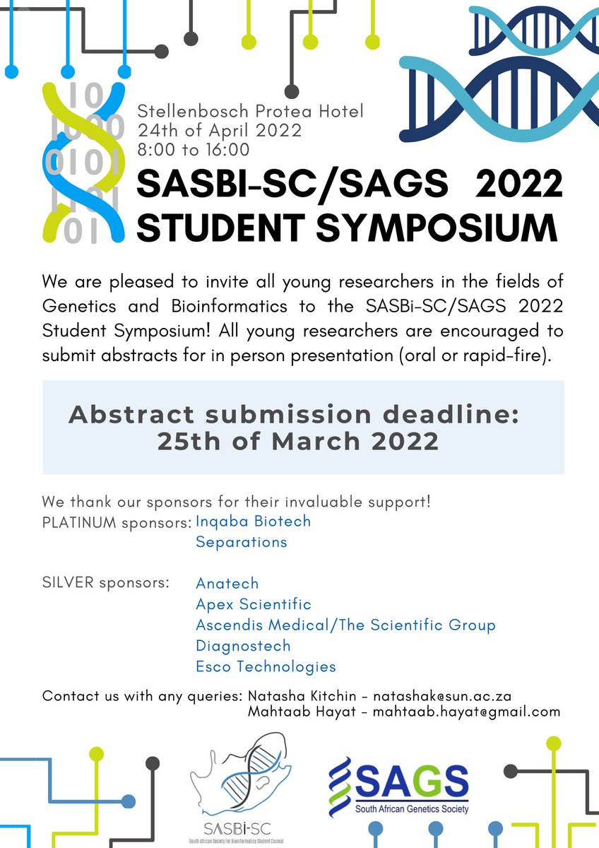 A cordial invitation for young researchers to join  SASBi-SC/SAGS 2022 Student Symposium to be held in Stellenbosch on Sunday the 24th of April 2022! Please submit abstracts by the 25th of March 2022. 
In person fee: R300
Virtual  fee: R100
 
Register: forms.gle/FUEoJppXacot8u…