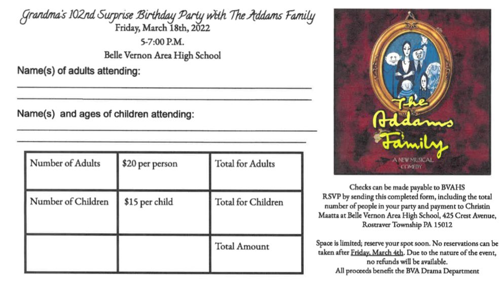 BVABroadway's tweet photo. @BVAHS Reserve your spot for Grandma’s Surprise 102nd Birthday Party asap!

Shhhh….don’t blow the surprise!! 😊 https://t.co/15byb6RtHL