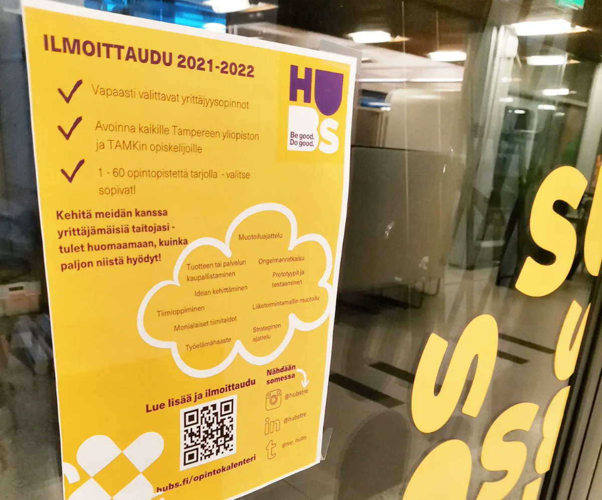 MmtTamk's tweet photo. Next I would like to introduce HUBS to you! The number one spot in Tampere for entrepreneurial minded students. HUBS operates in Tampere Universities as a promoter of good entrepreneurship, for the students at Tampere University and Tampere University of Applied Sciences. https://t.co/AWtcfMhBne