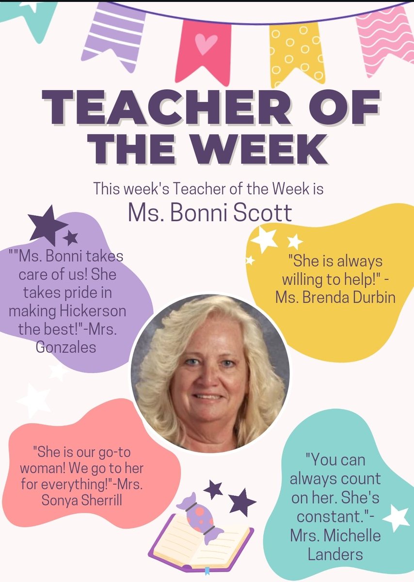 Congratulations to our "Teacher" of the Week, Bonni Scott! Ms. Bonni received a Teacher of the Week bumper magnet, a certificate, and will get an extra break time this week!