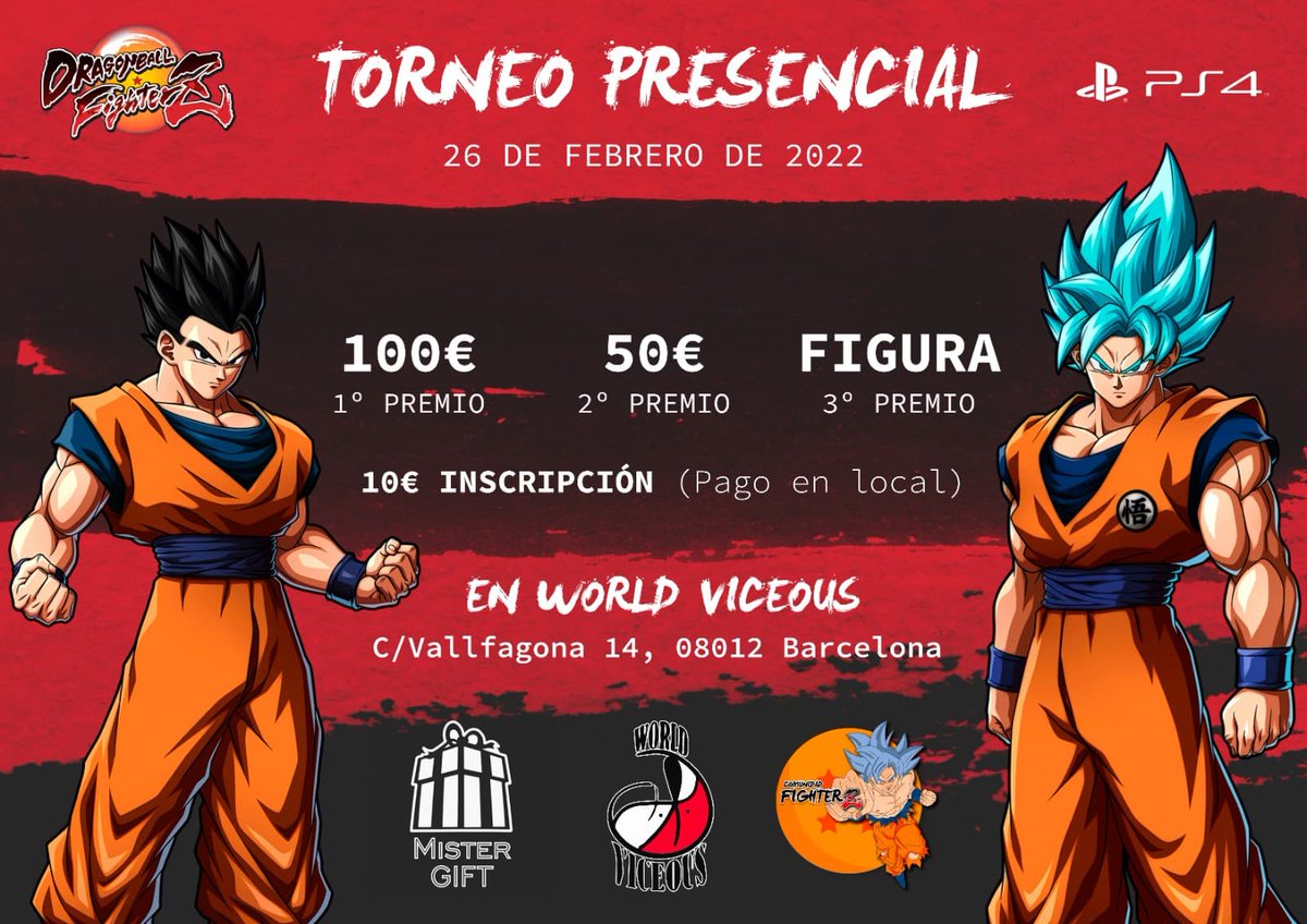 🔴|TORNEO PRESENCIAL BARCELONA|🔴

▶️¡Torneo presencial Barcelona de DBFZ!

🏆 PREMIOS:

🥇 100€
🥈 50€
🥉 FIGURA

🎟 INSCRIPCIÓN: 10€ (pago en local)

📜!BRACKET: challonge.com/tournaments/si…

🌟PATROCINADORES: <a href="/MarioNogues/">World Viceous</a>
<a href="/mistergiftbcn/">PereRB</a>

🟣TWITCH: twitch.tv/comunidadfight…