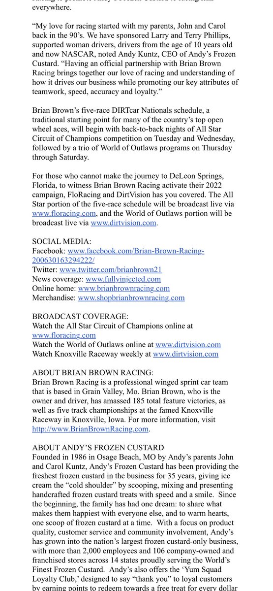 BrianBrown21's tweet image. Brian Brown Racing [@BrianBrown21] and Andy’s Frozen Custard® [@EatAndys] announce multi-year partnership: ⬇️⬇️
