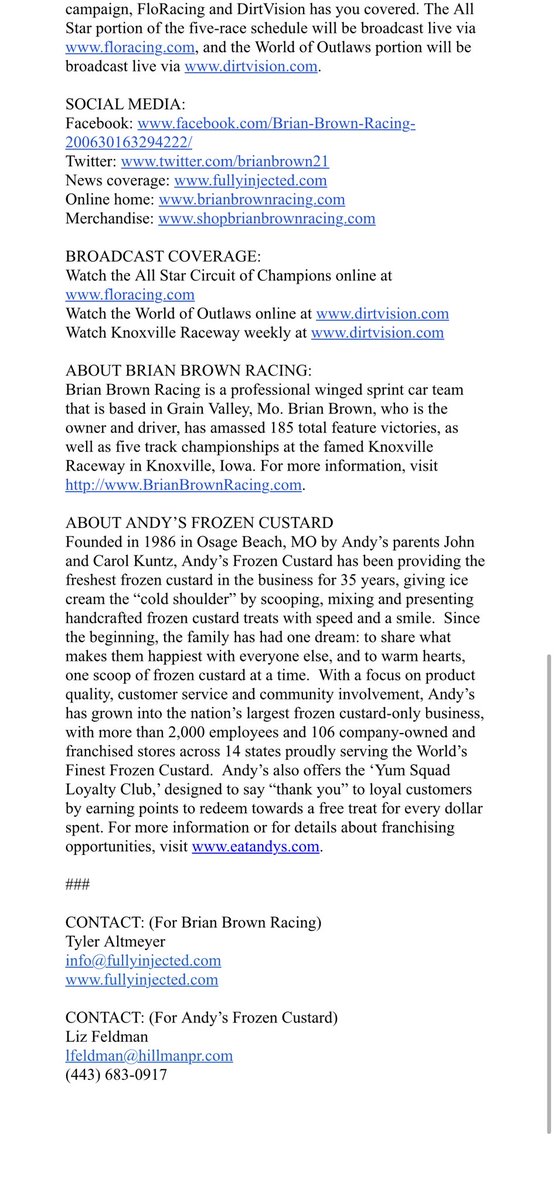 BrianBrown21's tweet image. Brian Brown Racing [@BrianBrown21] and Andy’s Frozen Custard® [@EatAndys] announce multi-year partnership: ⬇️⬇️
