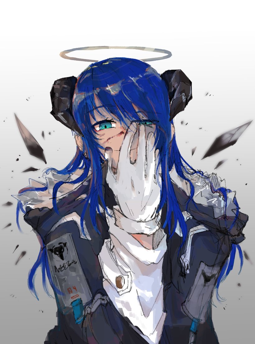 mostima (arknights) 1girl horns halo blue hair solo gloves long hair  illustration images