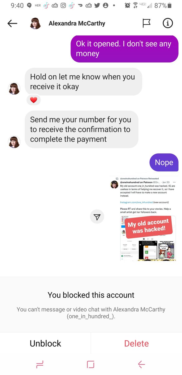 Meibeeart's tweet photo. @One_In_Hundred I was targeted by your old account for the scam. Thank goodness I thought to go to your TikTok account because I saw your IG had a TikTok video, and then I clicked the TikTok link to find your Twitter. Please notify TikTok too so no one else potentially gets scammed! https://t.co/4LF3E0BbTV