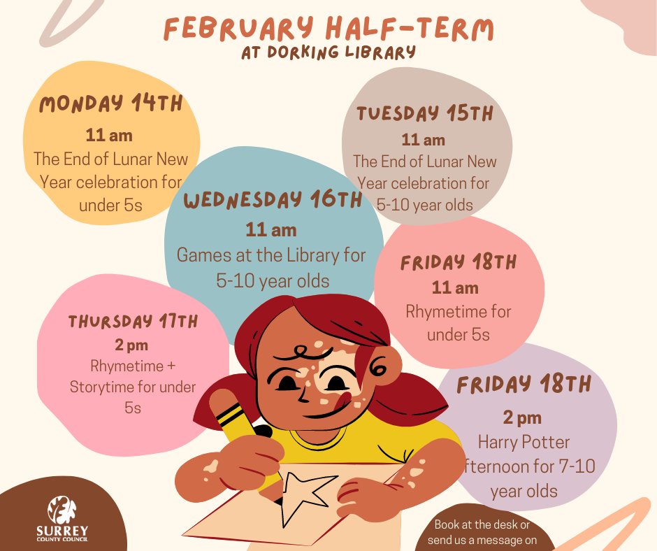 DorkingLibrary's tweet photo. Here are our awesome events for February! Make sure you book your place in advance.
#librarylife #library #storytime #rhymetime #dorking #dorkinglibrary https://t.co/OEzsNhSGG9