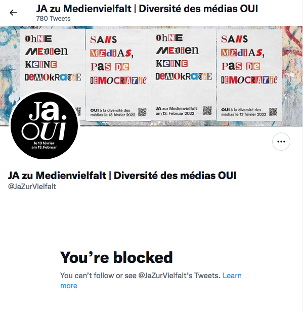 Das ist also das Verständnis der Befürworter <a href="/JaZurVielfalt/">JA zu Medienvielfalt | Diversité des médias OUI</a> und @medienpaket_ja zur #Meinungsfreiheit und #Meinungsvielfalt?! Andere Meinungen werden nicht zugelassen.
Unser Demokratie-Verständnis: sich der Diskussion stellen, auch wenn's anstrengend sein kann.
#MediengesetzNein