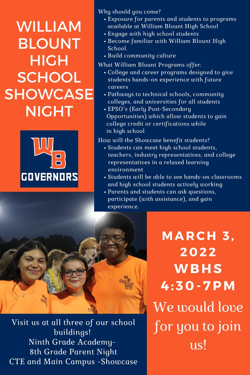 WBHSGovernors's tweet photo. Interested in seeing our students and teachers showing off our fantastic programs?  We’d love to see you at the Ninth Grade Academy for 8th Grade Patent Night, or at our CTE or Main Buildings for a Showcase. https://t.co/7ujUr51i5m
