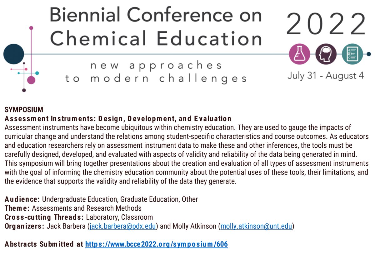 MollyBAtkinson's tweet photo. Have you designed, developed, and/or conducted an evaluation of an assessment instrument? Would you like to present this work at #BCCE2022? If so, then we have THE symposium for you! Abstracts due Feb 28. For more info, visit: https://t.co/qgvwqQBotr
#CER #ChemEd #Assessment https://t.co/LxQOPp33BH