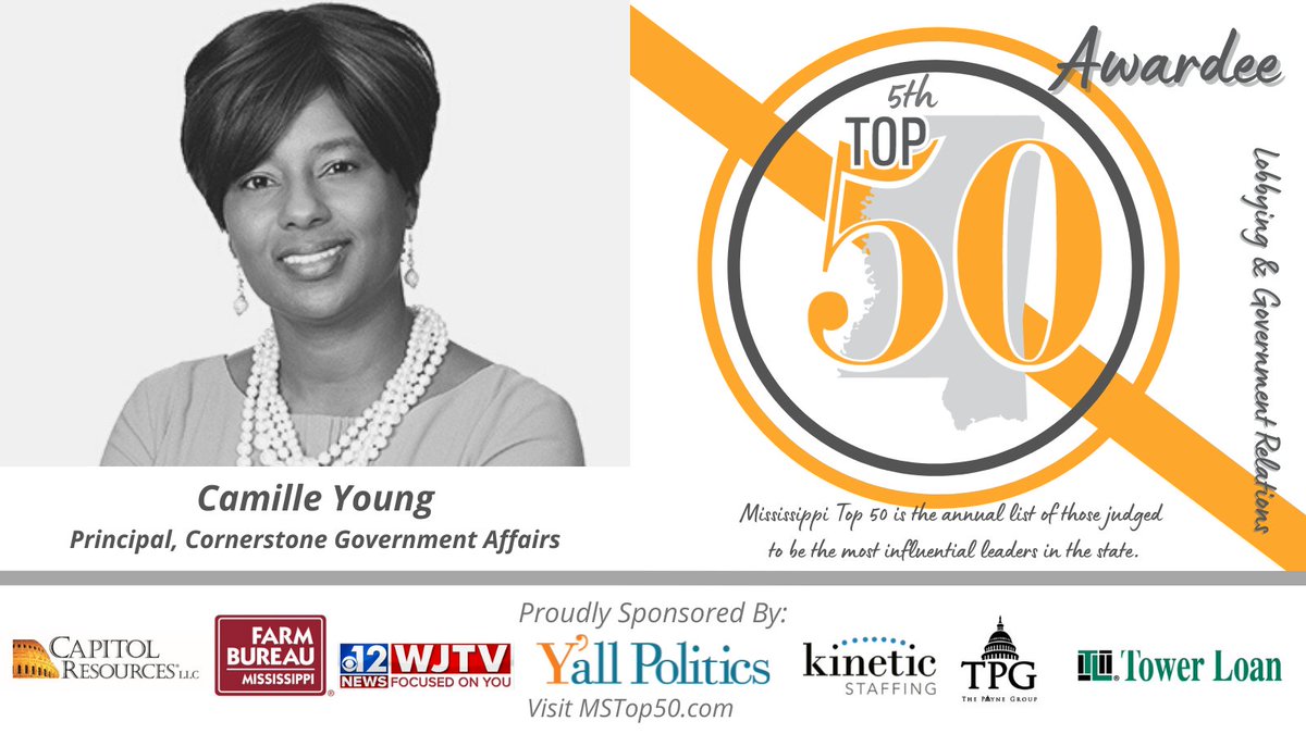 Join us in congratulating Camille Young of <a href="/CGAGroup/">Cornerstone</a> on being named to the 5th Class of the @MSTop50. 

MS Top 50 is the annual list of Mississippians who are judged to be among the most influential leaders in the state. Their contributions make Mississippi better.