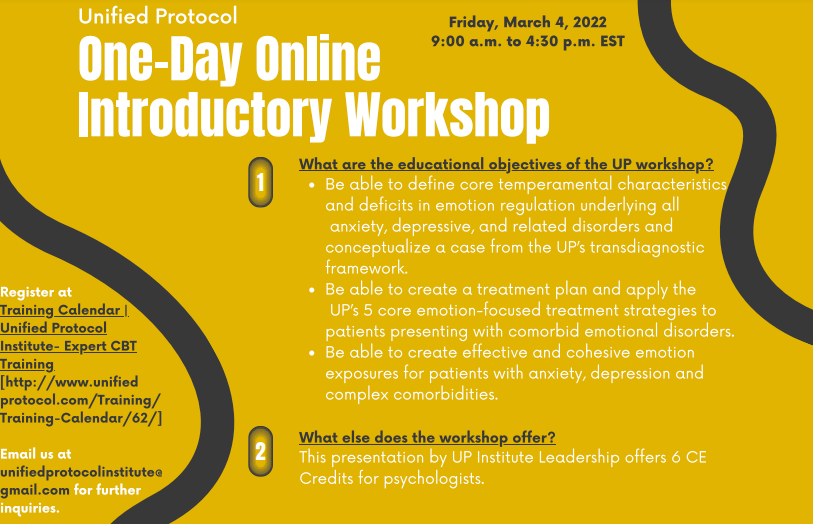 We have an introductory workshop coming up on March 4, and we would love for you to join us and/or spread the word! Register here: unifiedprotocol.com/Training/Train…