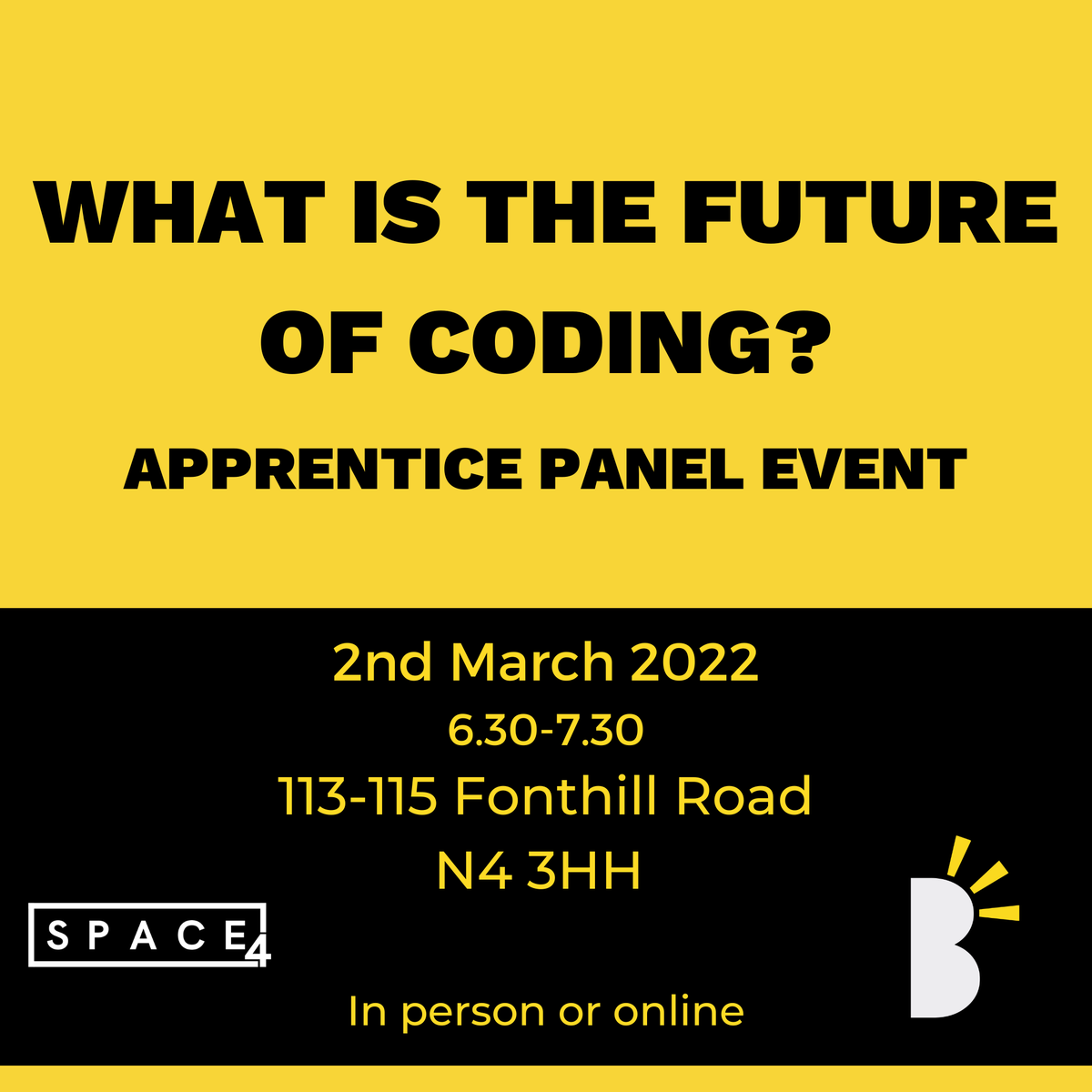 LdnBreakthrough's tweet photo. Sign up for our event: https://t.co/WGeBbIixQQ

Our apprentices and guests speak about the future of coding. Join the discussion in the Q&amp;A

The future of coding can be bright or bleak, the conversations we have will shape the future we decide

#EVENT #NAW2022 #coding #talks https://t.co/x8u4Uk7UtN