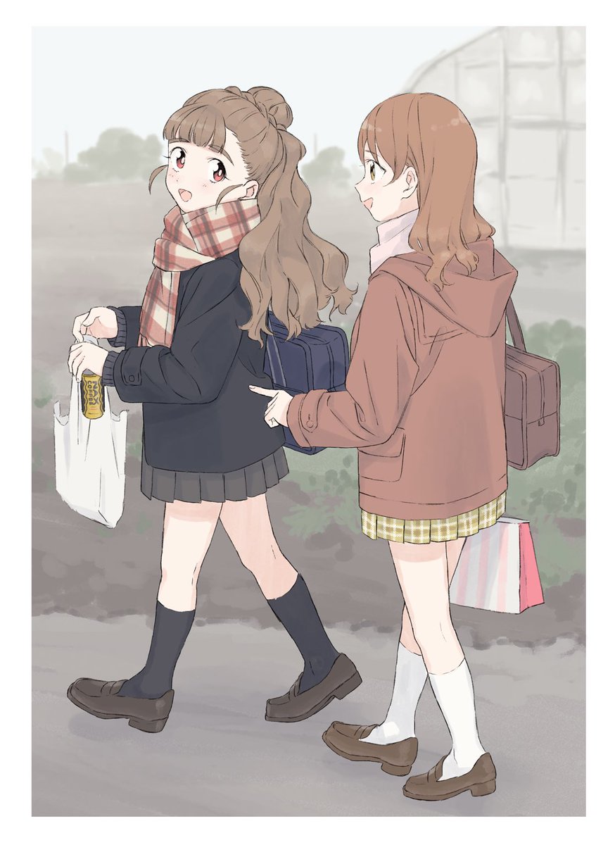 hojo karen ,kamiya nao multiple girls 2girls scarf bag brown hair skirt walking  illustration images