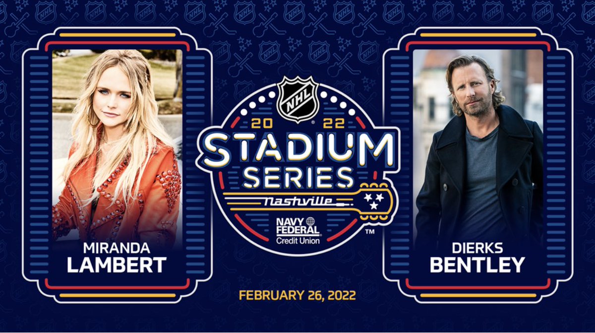 mirandalambert's tweet photo. .@DierksBentley and I are performing at the @NHL Stadium Series game in Nashville! 🏒🥅

Tune in Feb 26 at 7:30p ET on @NHL_On_TNT &amp; @Sportsnet https://t.co/4GYZc5qcLV