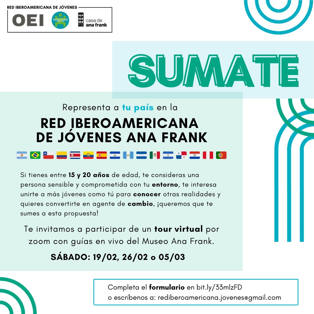 👨‍💻Participa en un tour virtual al Museo <a href="/centro_anafrank/">Centro Ana Frank América Latina</a>.

Conoce más sobre su historia, su famoso Diario, el trabajo de la Red Iberoamericana de jóvenes #AnaFrank e interactúa con jóvenes de Iberoamérica. 👥

👉 Inscríbete: bit.ly/33mlzFD
🛑 Jóvenes de 15 a 20 años.