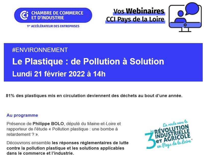 Participez au prochain webinaire, le plastique : de pollution à solution! 

🖥 Webinaire : 21 février 2022 à 14h

👉 inscription : lnkd.in/eYtfj6eb