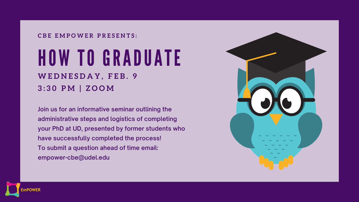 CBE_EmPOWER's tweet photo. Do you have questions about how to graduate? Need information on the forms to be filled out and the deadlines to meet? 

Join EmPOWER for a webinar covering the essential information needed for completing your dissertation and graduating on Wednesday, February 9 at 3:30 PM. https://t.co/AiRzXGhfgc