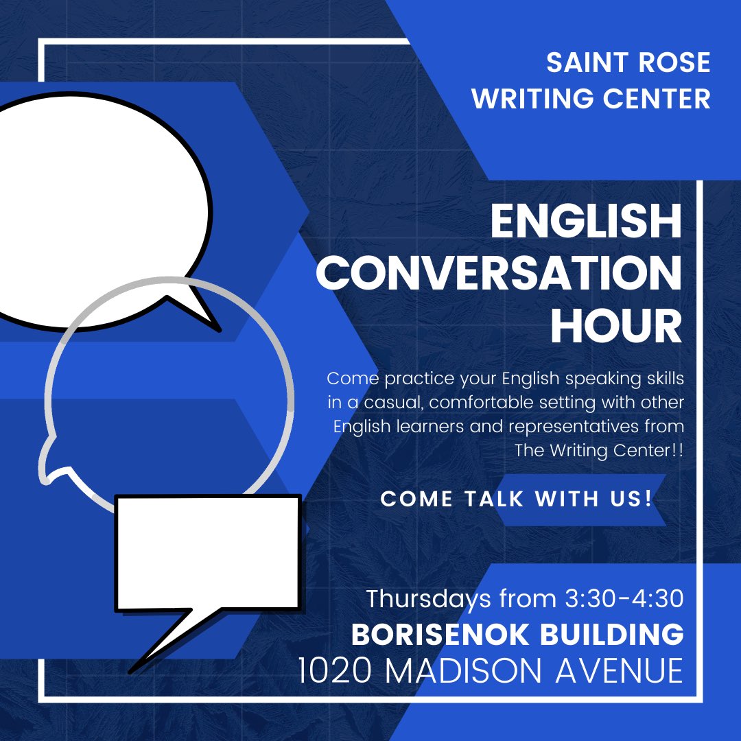 srwritingcenter's tweet photo. New at The Writing Center, we have the English Conversation Hour!! We welcome you to come practice your English speaking skills with other English learners. We also will have snacks!! Every Thursday from 3:30-4:30, 1020 Madison Avenue https://t.co/7nWwtTkm2i