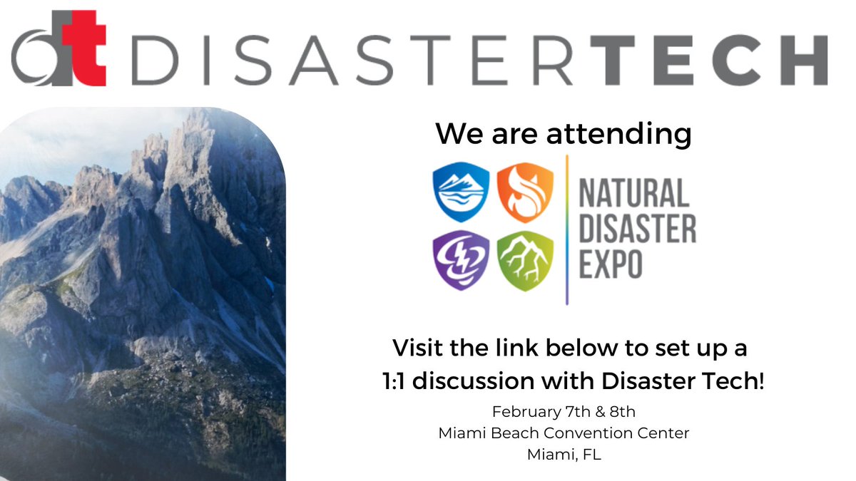 pratus_ai's tweet photo. We will be at the 2022 Natural Disaster Expo today and tomorrow! Head on over to https://t.co/0I4OlKFhBi, to set up a 1:1 meeting with @disastertechinc!
#NaturalDisasterExpo #EarthquakeExpo #HeatandFireExpo #FloodExpo #StormExpo https://t.co/P4M8psTbFf