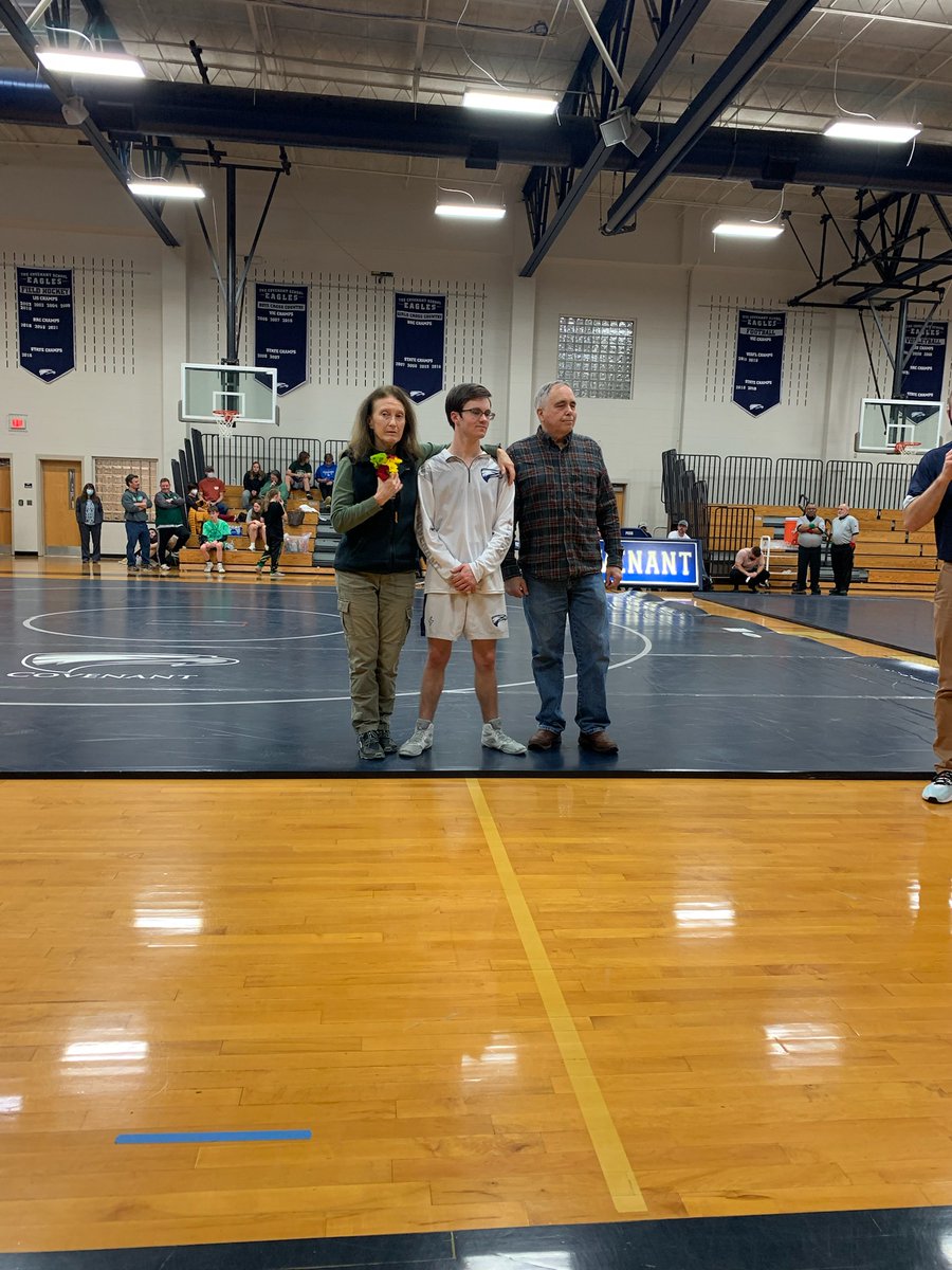 Matthew Knowles celebrated his Senior Night this past weekend by going 3-0, defeating the #3 wrestler at his weight class.  

Each senior is given a word and a verse to commemorate their time at Covenant. 

Matthew's word was Resilient and his verse was 1 Corinthians 9:25