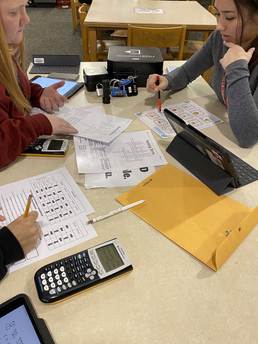 appersona's tweet photo. Starting off Monday strong with a #breakout in Financial Literacy over tmv calculations and compound interest in the library. @Marcus_HS @Kernse1 @breakoutEDU https://t.co/Kp3pibj31J