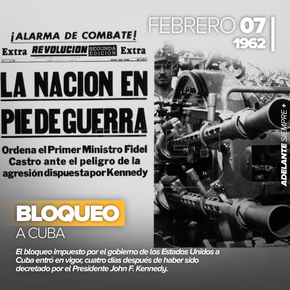 #Efémeride| Se cumplen 60 años que el entonces presidente de EE.UU, John F. Kennedy, declaró el bloqueo comercial y financiero de ese país contra #Cuba, el cual, constituye el mayor obstáculo al desarrollo de la nación. ✊🇨🇺

#EliminaElBloqueo
#60DeResistencia
#CubaVive