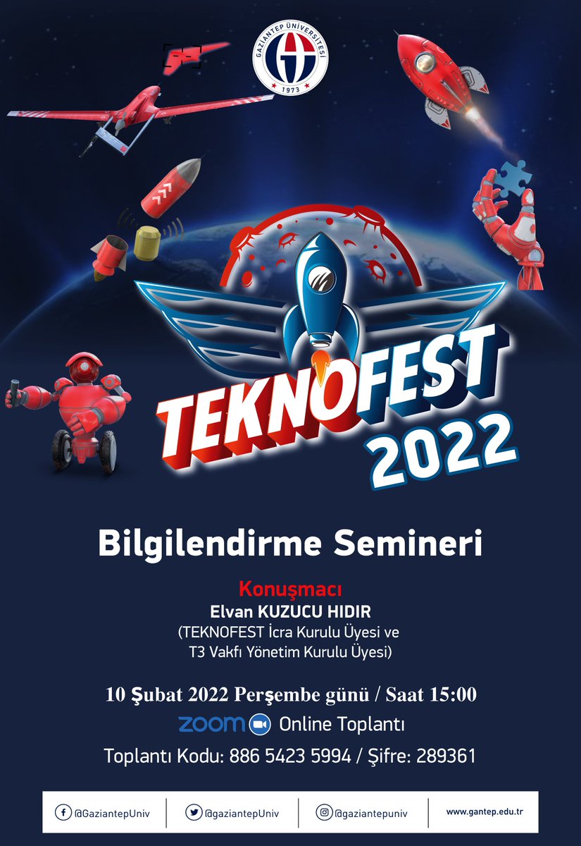 Bilgilendirme Semineri #Teknofest İcra Kurulu Üyesi Elvan KUZUCU HIDIR tarafından verilecektir. 

Tüm akademisyenlerimiz ve öğrencilerimizi bekliyoruz.

Zoom Meeting👇
us06web.zoom.us/j/88654235994?…

Meeting ID: 886 5423 5994
Passcode: 289361

#MilliTeknolojiHamlesi 
#TEKNOFESTKARADENİZ