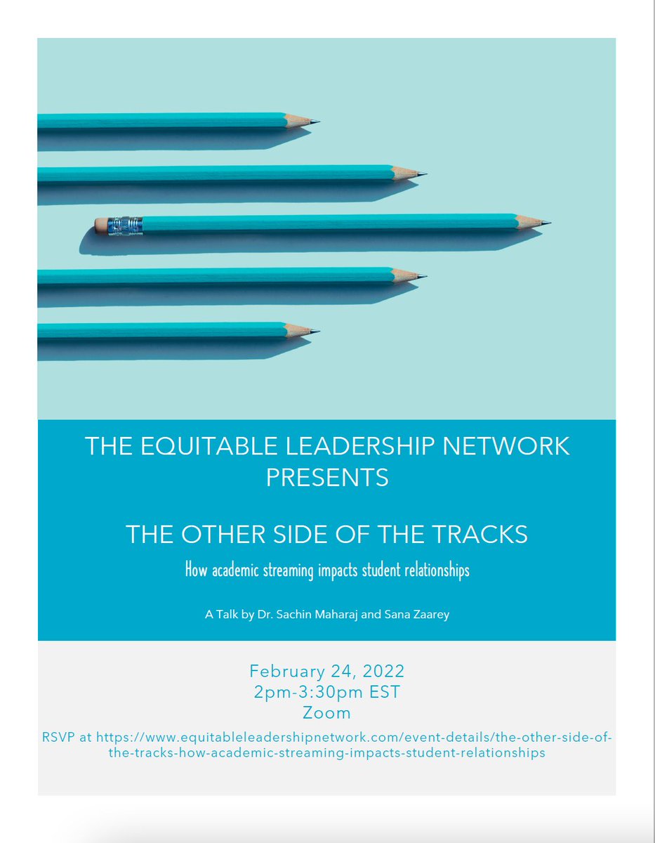 ELN_RLE's tweet image. Join us on Feb. 24th at 2pm EST as we explore the other side of the tracks: how academic streaming impacts student relationships. The event will be on Zoom, to register visit: equitableleadershipnetwork.com/event-details/…