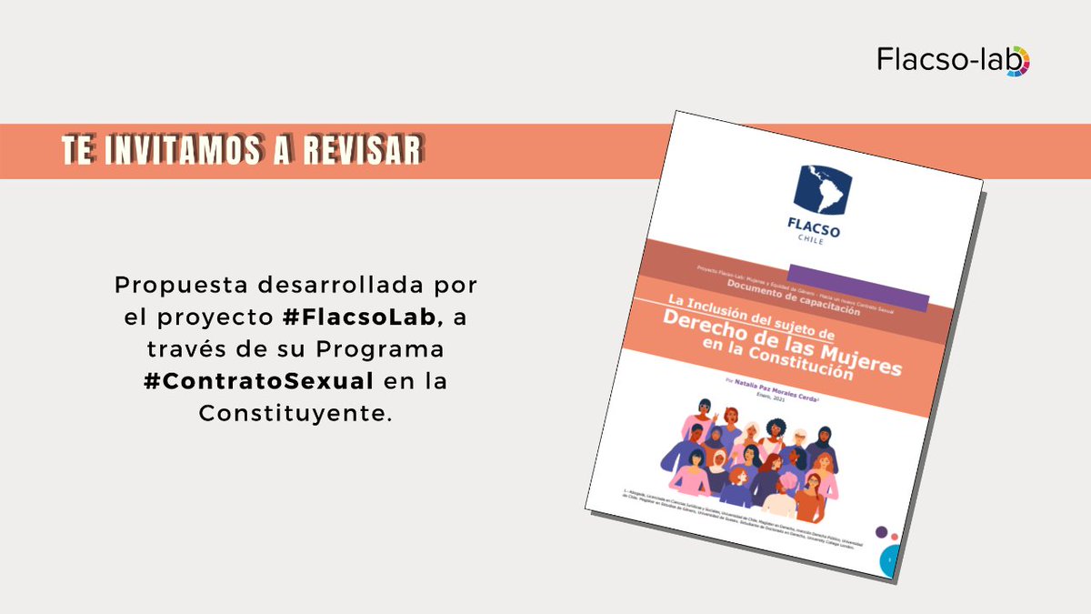 Flacso_Chile's tweet photo. 🟣Les presentamos el documento “La Inclusión del sujeto de Derecho de las Mujeres en la Constitución”, desarrollado por el equipo Mujeres y Equidad de Género del Proyecto #FlacsoLab.

Te invitamos a leer y divulgar 📚
Para descargarlo 👉https://t.co/kqBlFarnBI https://t.co/ZmmXBdlcbs