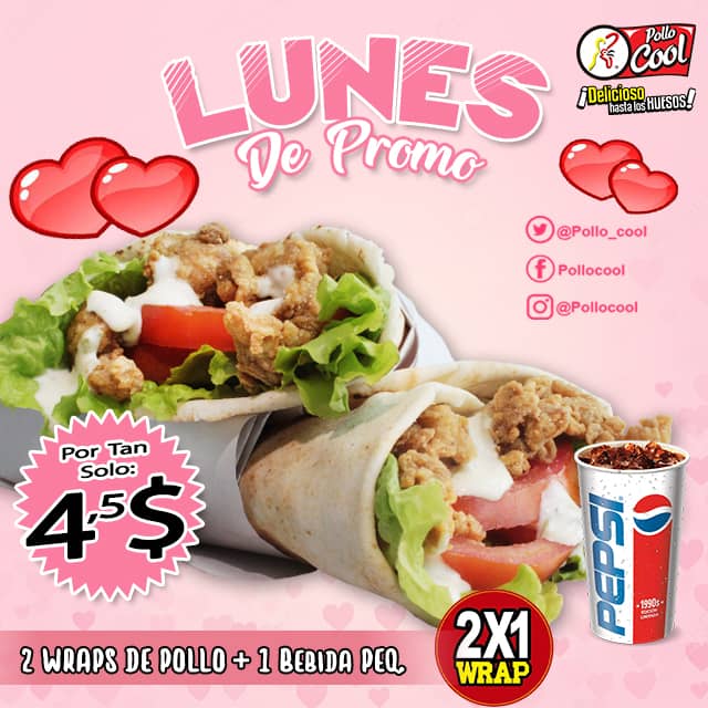 Pollo Cool te trae para ti el Especial del Día!
Ahora todos lunes ofreceremos una especialidad a precio exclusivo 🙌🏻 Ahórrate más del 10% los lunes de 2x1 🍕 no dejes pasar la oportunidad de llevarte 2 Wraps por el precio de 1.