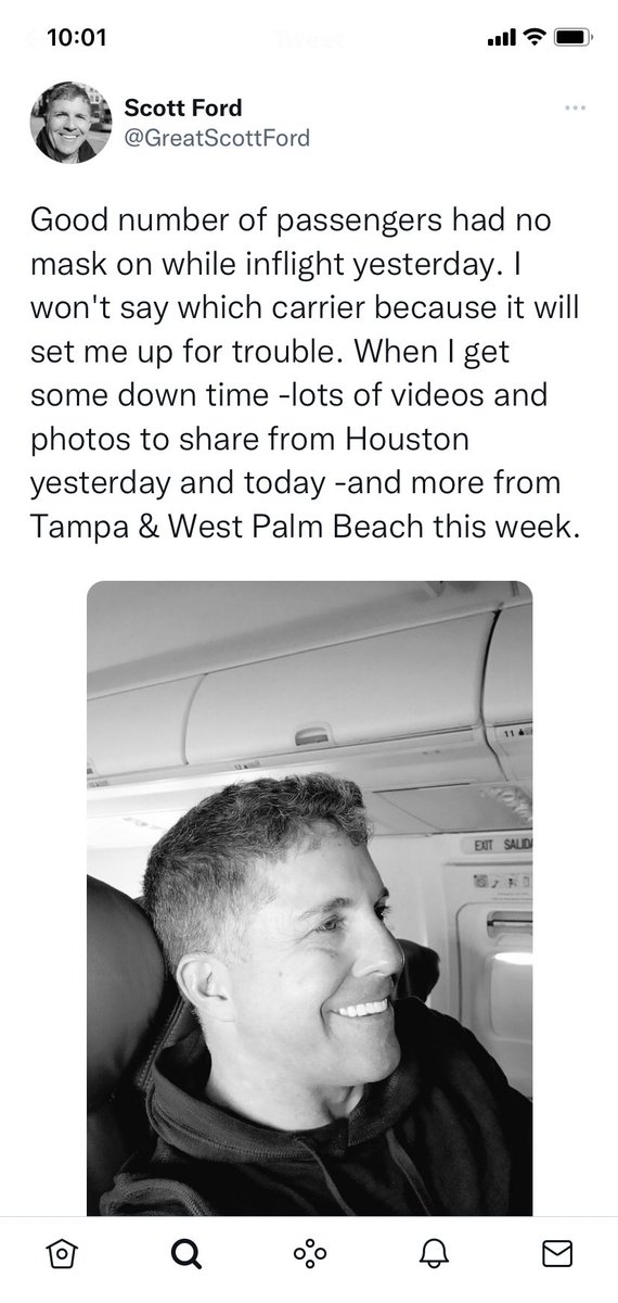 SteveDaMeek's tweet photo. Hi @faanews you may want to look into this user @greatscottford who is telling his 23K + twitter followers that he took a flight from CVG to IAH on Feb 6th and the carrier did not enforce the mask mandate. 
Please advise are masks still required?
https://t.co/wGHMvzhATk https://t.co/l9InCdRppm
