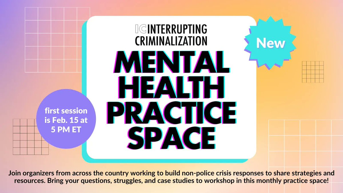 interruptcrim's tweet image. We're excited to launch a monthly Mental Health Practice Space for organizers working to build non-police crisis responses to share strategies and resources. Bring your questions, struggles, and case studies to workshop!

Join our first session on Feb. 15: bit.ly/MHPS_Feb15