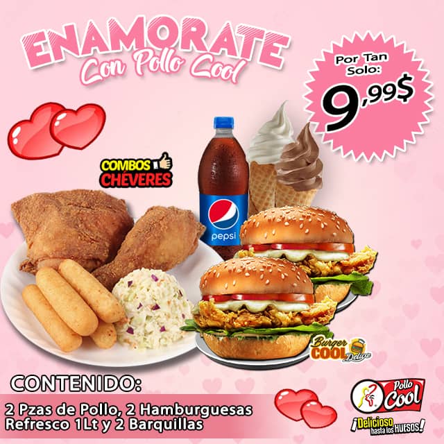 Pollo Cool te trae para ti el Especial para el día del amor podrás disfrutar de este suculento combo.

Una especialidad a precio exclusivo 🙌🏻 Ahórrate más comiendo más con @pollocool.