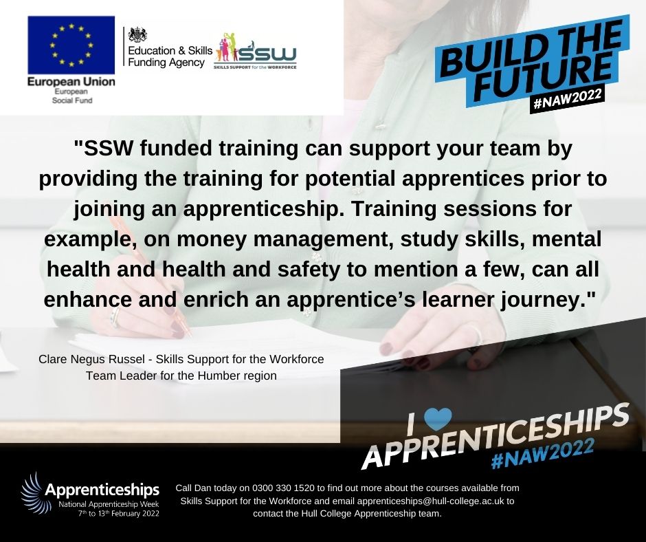 We are excited to be talking about the support we can offer apprentices this week during National Apprenticeship Week 2022.. If you would like to look at the courses on offer click the link bit.ly/3Fxayim #naw2022 #buildthefuture  #apprentices #hull #freetraining #level2