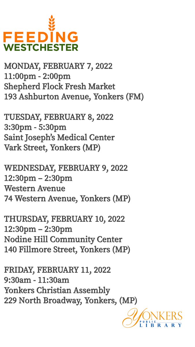 yonkerslibrary's tweet image. @CityofYonkers  Mobile Food Pantry &amp;amp; Fresh Market Distributions This Week.
NOTE: Westchester County Department of Social Services is providing food assistance to residents in isolation during COVID 19 pandemic. Available Mon-Fri. 9am-5 pm, for assistance call (914)995-5566.
