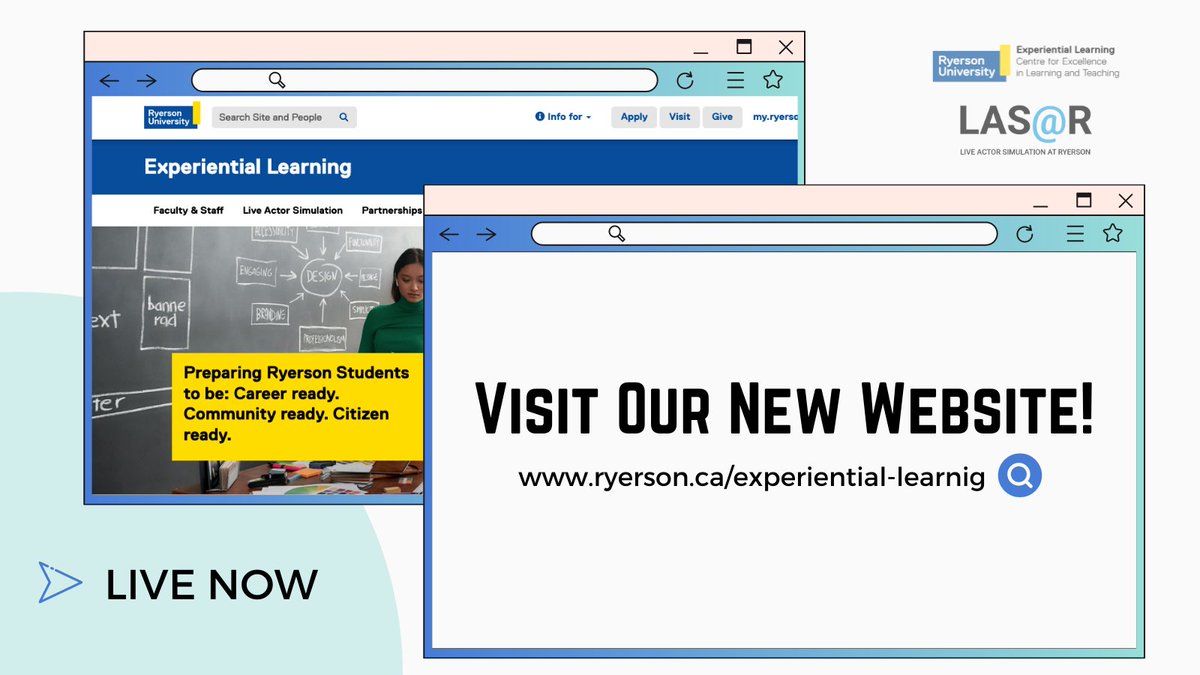 We’re LIVE! EL Hub's new website is officially online and ready for exploration! You’ll find LAS@R, resources for faculty, staff &amp; students &amp; partnership opportunities. Bookmark ryerson.ca/experiential-l… for quick access.

#ExperientialLearning #LAS@R #WebsiteLaunch