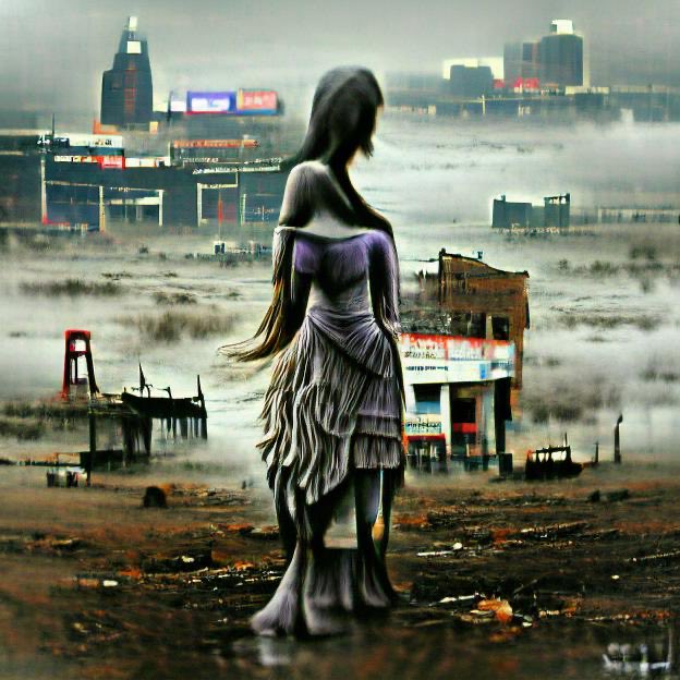 raisingnumbers's tweet photo. "Alone she stands, sorrow in waves coming off of her like fog as she looks over the desolate wasteland of what once was her city home" - made with @NightCafeStudio 

https://t.co/W8yD7CaaJQ

#aiart #nightcafe #digitalart https://t.co/iHyjzsateP