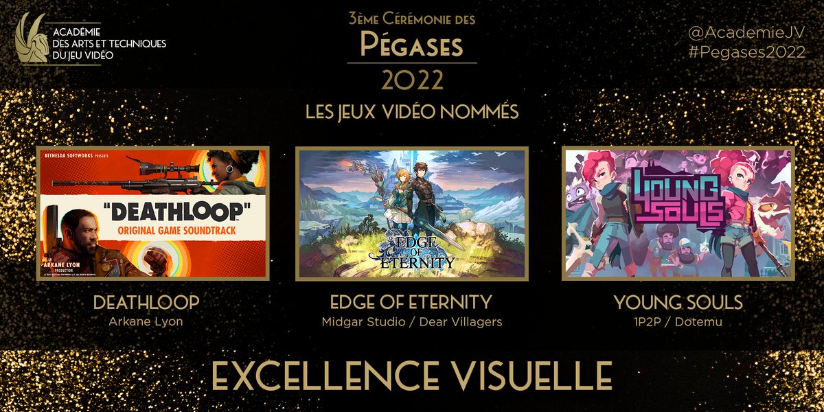 AcademieJV's tweet photo. Aujourd'hui, l'Académie présente 2 catégories des #Pegases2022 ! ✨ 
Les nommés pour le prix de l'Excellence Visuelle sont : DEATHLOOP de @ArkaneStudios, Edge of Eternity de @MidgarStudio / @DearVillagers et Young Souls de @1p2pStudio / @Dotemu ! 🎉 https://t.co/xNzqhnnXgY