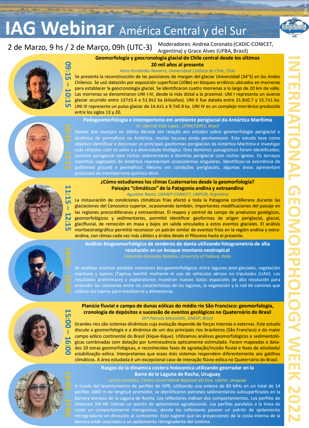 IAGAIG's tweet photo. El webinar regional de la IAG para América del Sur y Central del 2 de marzo ha publicado su programa final. Por favor, consulte nuestro sitio web para registrarse gratuitamente y para obtener más detalles sobre lo que sucede durante la #IntGeomorphWeek2021
https://t.co/0Uo43FXL26 https://t.co/r0Po51mNCL