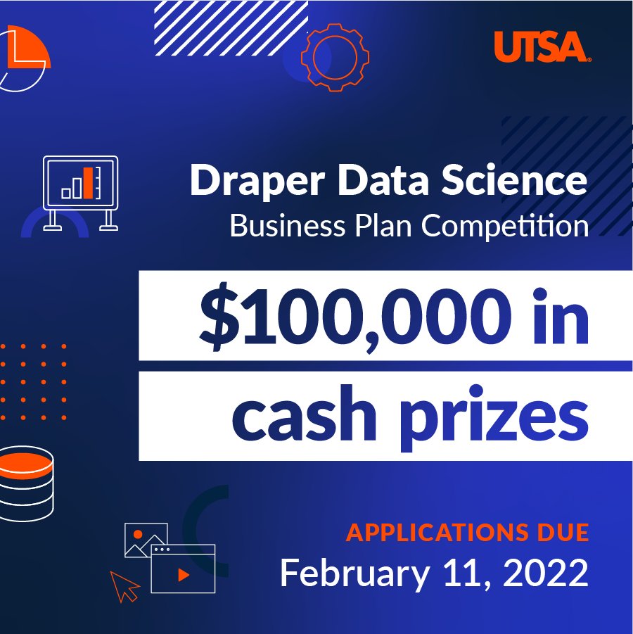 utsacaicc's tweet image. The deadline for the Draper Competition is this Friday! All university students around the world can apply and can compete virtually or in person.  Tope teams will earn big cash prizes!
utsa.edu/drapercompetit…
#SDSData #DataScience #UTSA