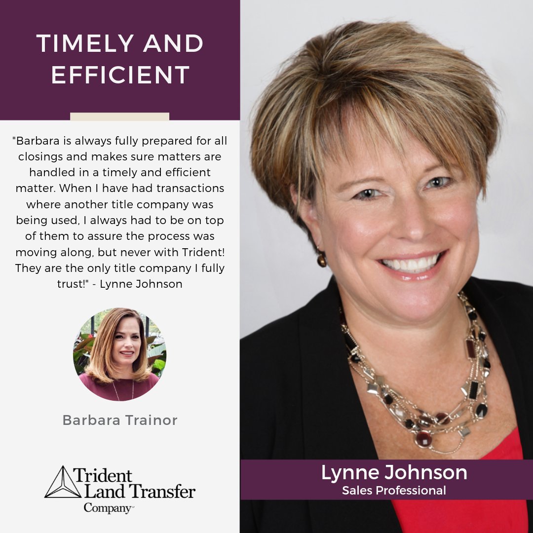 Thank you Lynne Johnson for your trust in Trident Land Transfer in supporting your business and to Barbara Trainor for going the extra mile in supporting you and our Sales Associates!

#EverythingYouNeed #bhhsrealestate #BHHSfoxroach #testimonial #tridentlandtransfer
