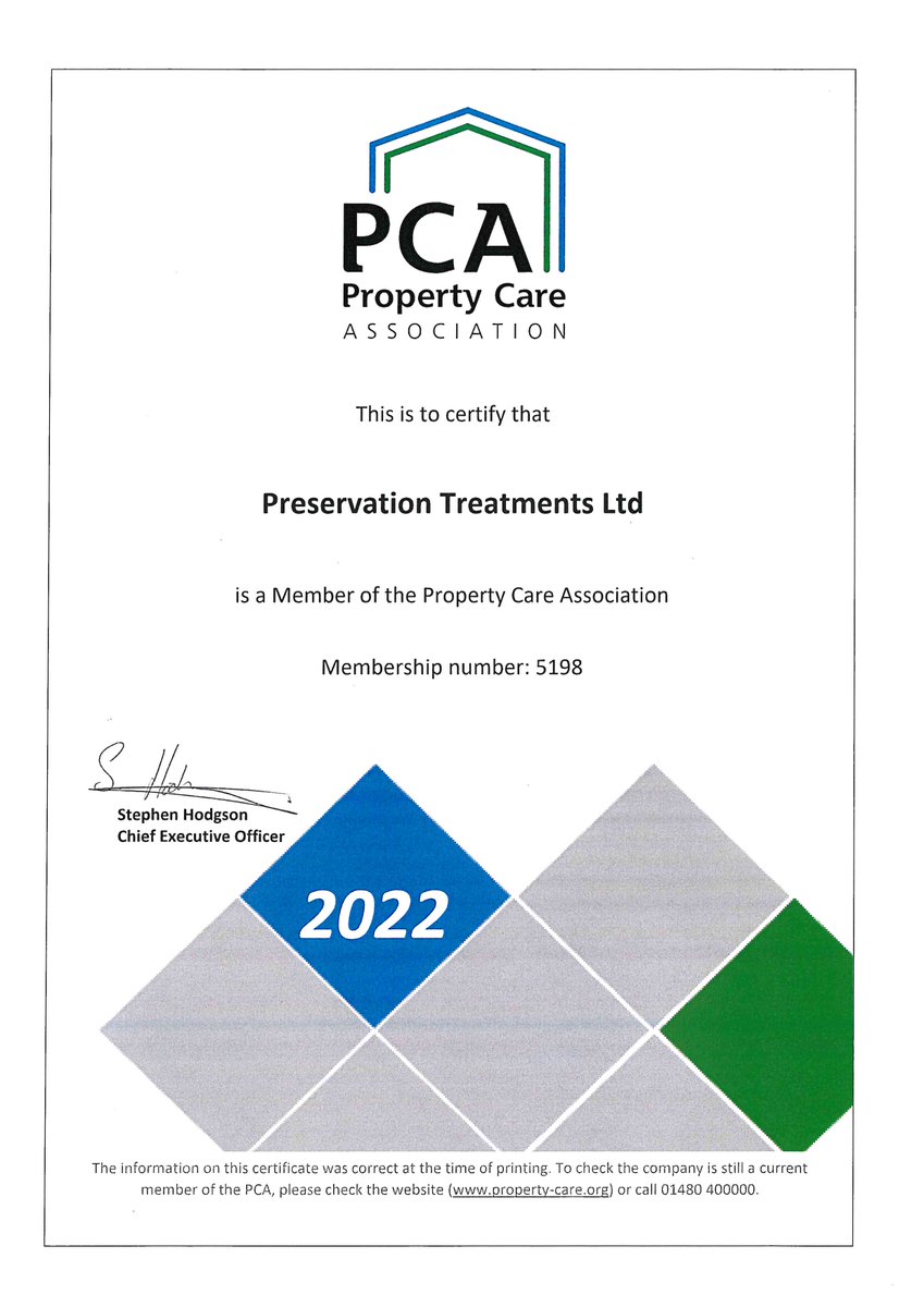 PresTreatments's tweet photo. Our @PCAPropertyCare Certificate arrived today
#experts since 1972
We are celebrating #50years
#waterproofing #dampproofing #condensation #timbertreatments #structuralrepairs https://t.co/TJjwKhtyZ7