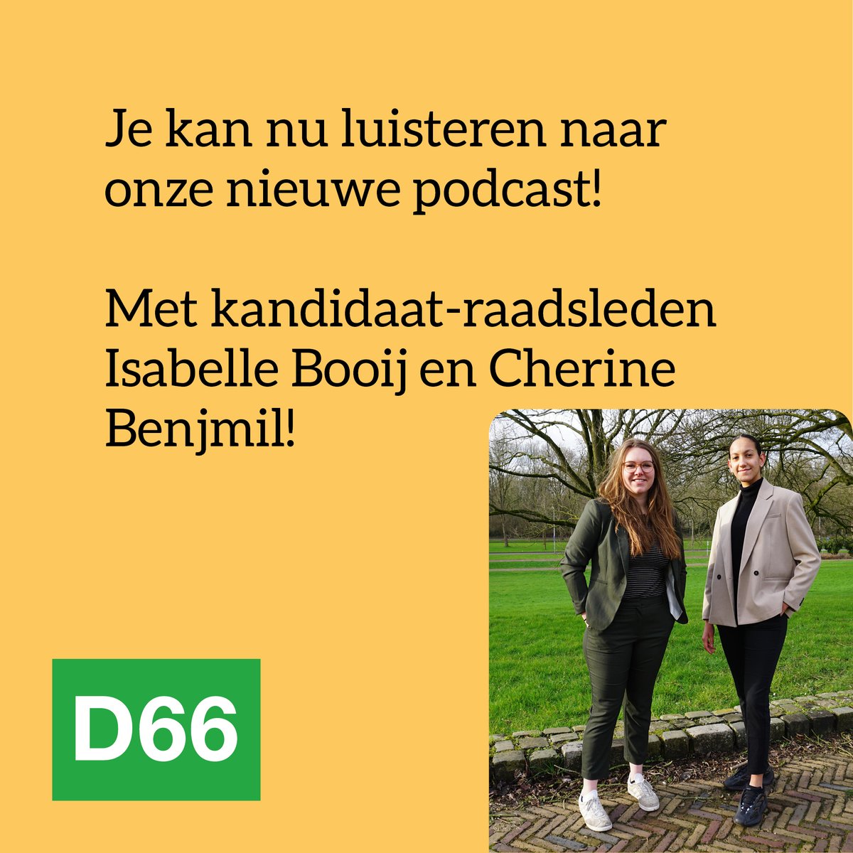 D66Utrecht's tweet photo. Ja! Het moment is eindelijk daar.. de eerste aflevering van onze podcast staat online! 😄

In deze podcast vertellen kandidaat-raadsleden @IsabelleBooij en @CBenjmil je meer over ons verkiezingsprogramma voor de #GR22🎙️💚 

👉Luister snel via:
https://t.co/7eAlmgBys7 https://t.co/qVR80qVDmk
