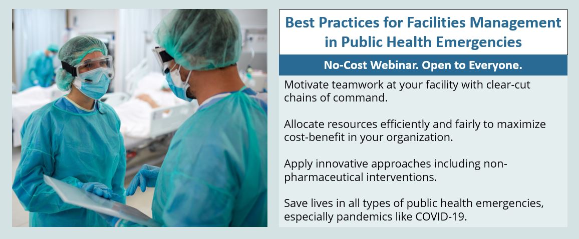 GOT AN HOUR? PLAN A PANDEMIC RESPONSE.

No-cost, live webinar:
“Best Practices for Facilities Management in Public Health Emergencies”

Thursday, March 8, 2022
1–2:15 p.m. Eastern

Register today: bit.ly/BestPracticesF…

#Pandemic #PublicHealth #Covid19 #DisasterRecovery