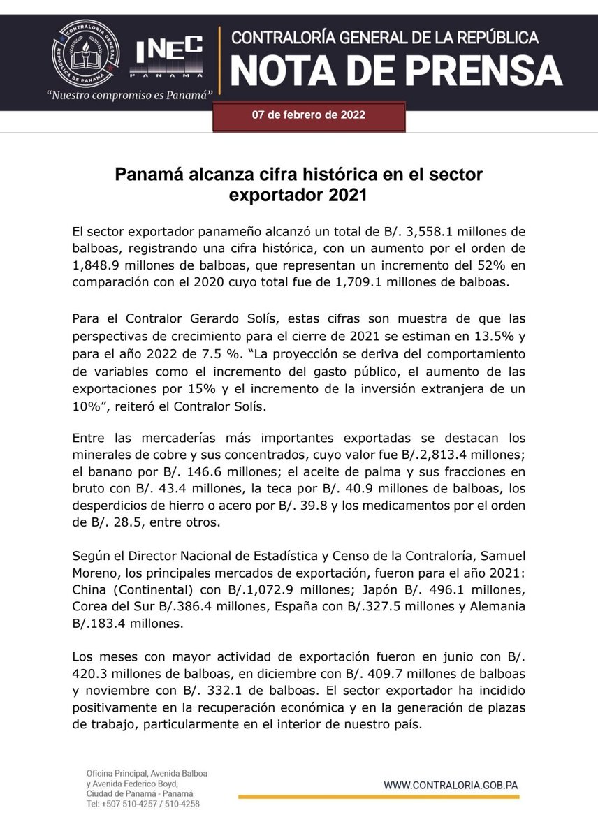 ItasLaw's tweet photo. Panamá alcanza cifra histórica en el sector exportador 2021, con un aumento por el orden de 1,848.9 millones de balboas, que representan un incremento del 52% en comparación con el 2020. Vía @ContraloriaPma @InecPanama https://t.co/veCs3KAoAj