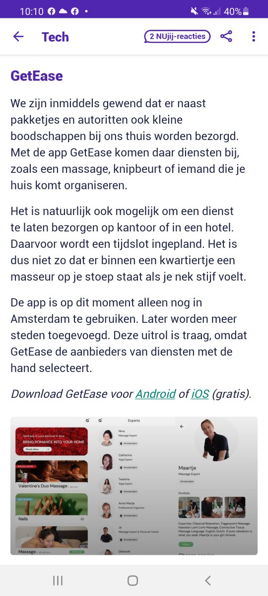 Op Nu.nl de laatste "Tech Tips"! O.a. de app #GetEase is uitgelicht met een foto van een van onze wellness modellen. Wij zeggen het al langer, een massage aan huis is een heel goed idee! Het is een van de Wellness Trends voor 2022! Info > wellnessspots.com/voordelen-thui…