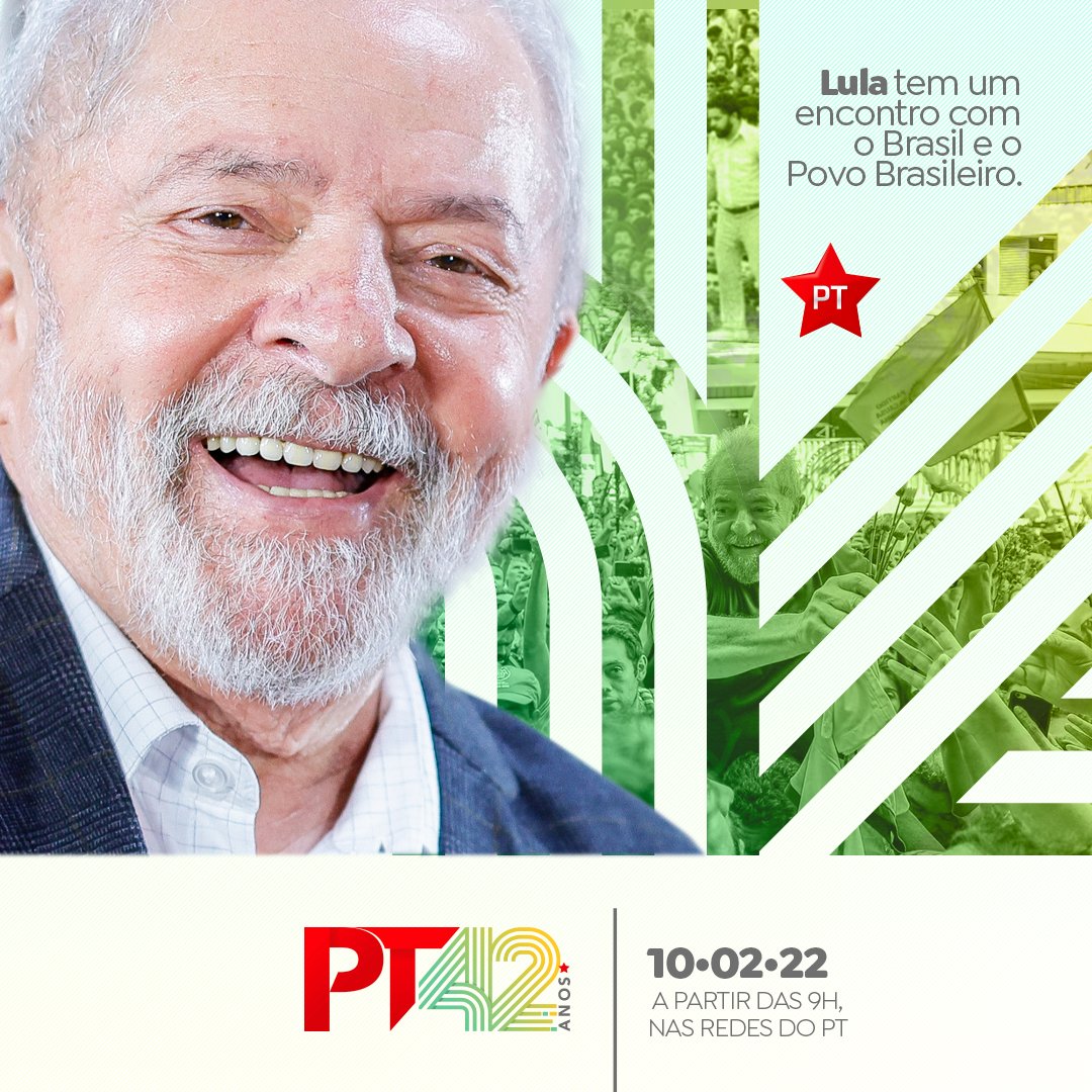 No dia 10 de fevereiro o presidente @lulaoficial tem um encontro com o povo brasileiro #PT42Anos ⭐

Acompanhe o aniversário do PT pela #TvPT 📺

Em breve mais informações!